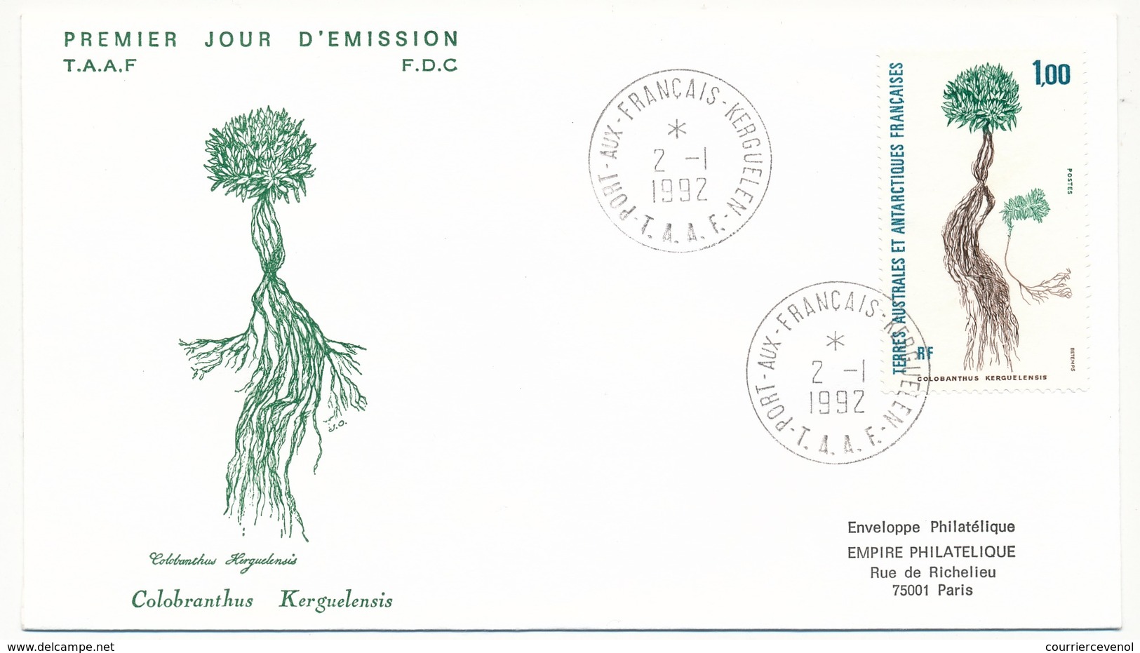 TAAF - Enveloppe FDC - 1,00 Colobranthus Kerguelensis - Port Aux Français Kerguelen - 1-1-1992 - FDC