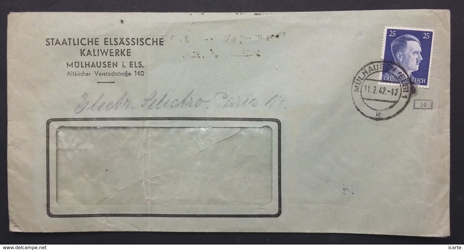 TP Hitler Oblitéré MÜLHAUSEN ELS. Sur Env STAATLICHE ELSÄSSISCHE KALIWERKE Pour Paris Fèvr 1942 Bande De Censure - Covers & Documents