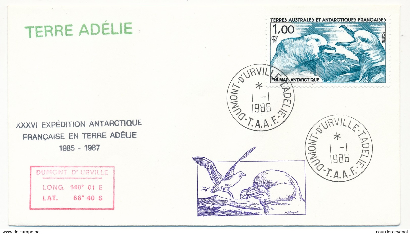 TAAF - Enveloppe - Dumont D'Urville T. Adélie - 1-1-1986 - XXXVI Expédition Antarctique Française... - Covers & Documents