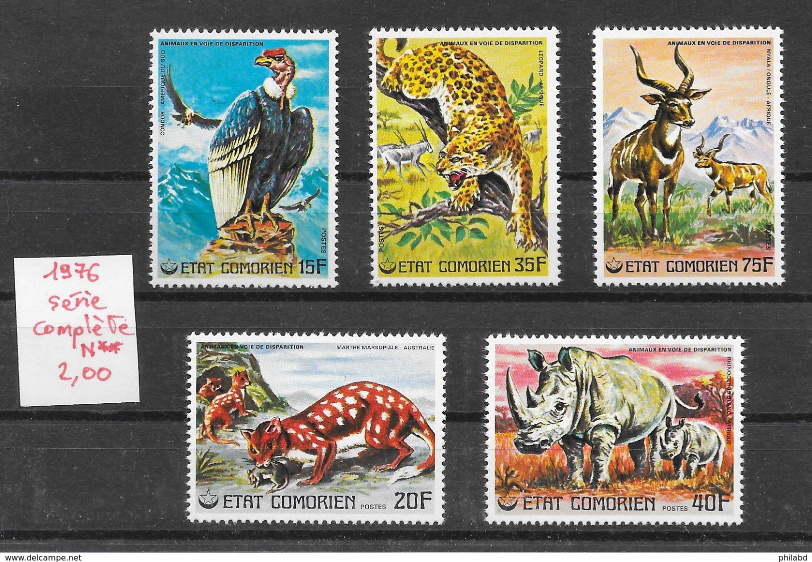 Animaux Divers Condor Léopard Panthère Rhinocéros - Comores N°170 à 174 1976 ** - Autres & Non Classés