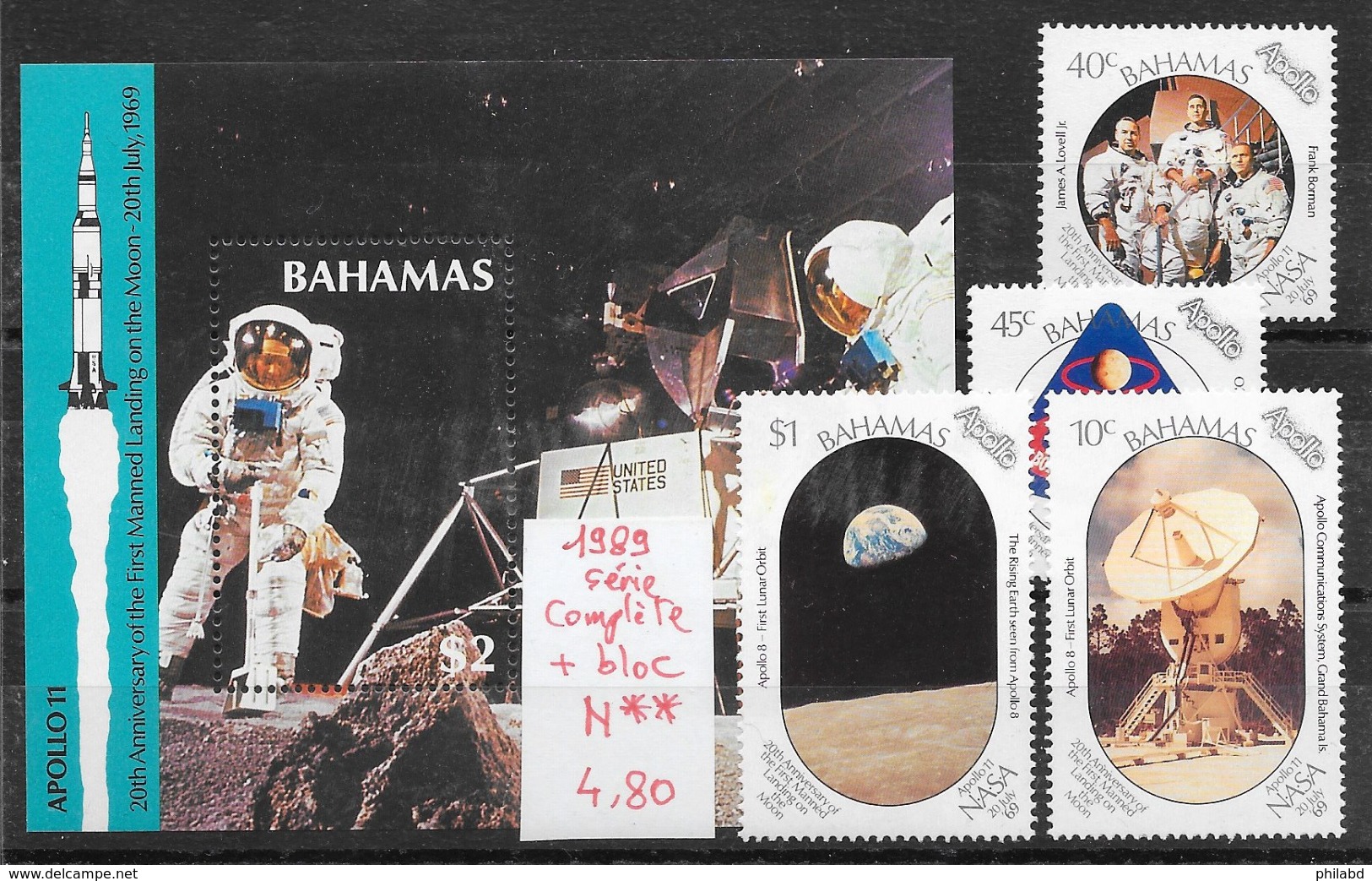 Espace Apollo Lune - Bahamas N°691 à 694, BF N°55 1989 ** - América Del Norte