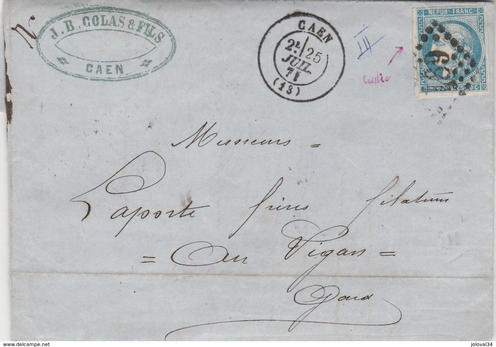 Cérès De Bordeaux Sur Lettre Cachet CAEN Calvados GC 691 - 25/7/1871 Pour Le Vigan Gard - Ambulant X 3 - 1870 Uitgave Van Bordeaux