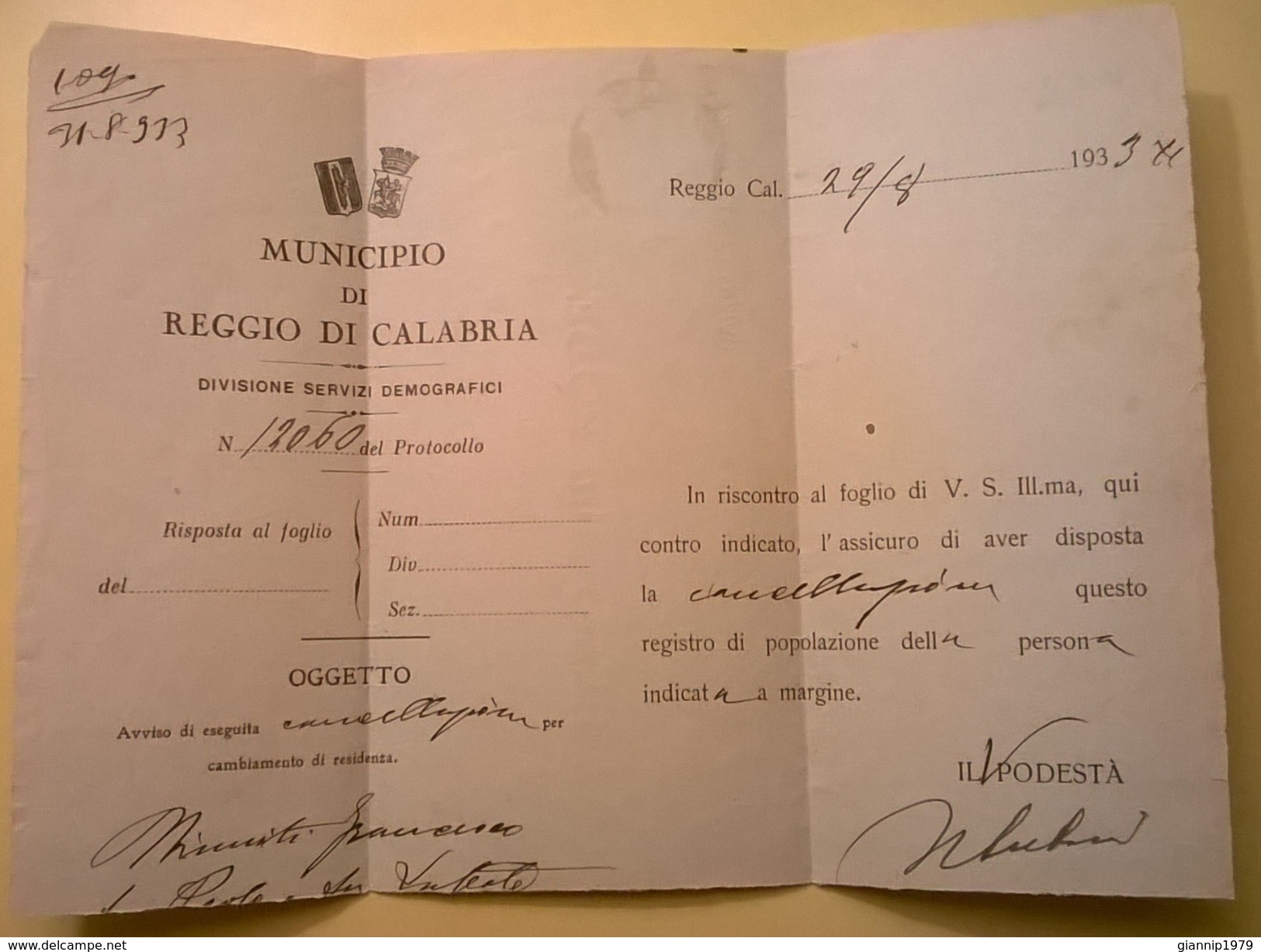 FOGLIETTO DEL 1933 CAMBIAMENTO RESIDENZA COMUNE REGGIO CALABRIA AFFRANCATURA CENT 5 1929 SERIE IMPERIALE - Poststempel