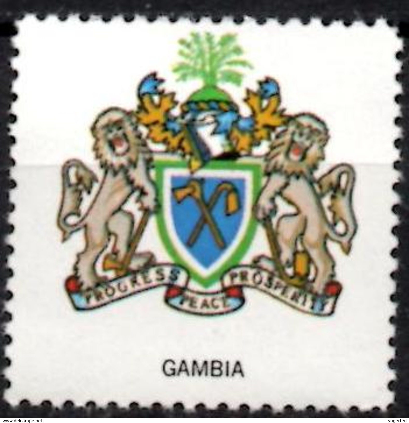 VIgnette Cinderella Seal Label - Gambia Coats Of Arms Lion Lions Löwen Löwe Leones Mammals Cats Fauna Axe Hoe Oil Palm - Raubkatzen