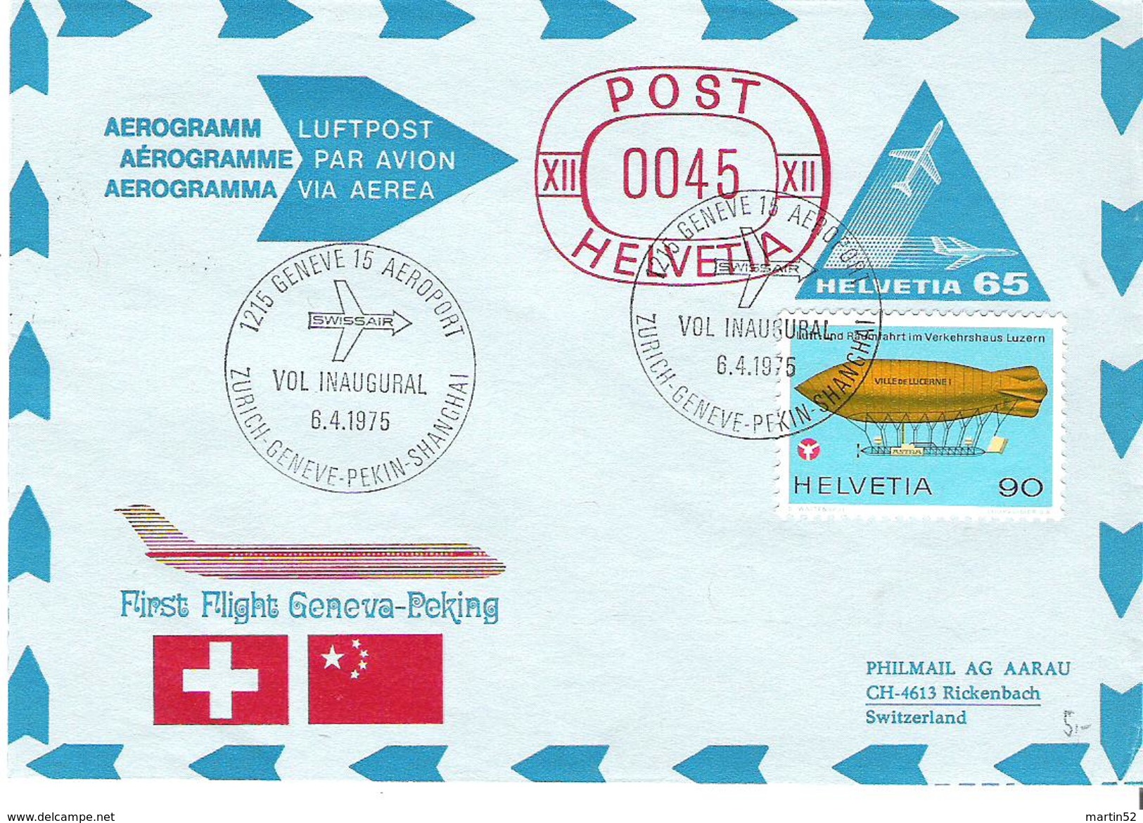 Aérogramme 65c + 0045 + Ville De Lucerne Vol Inaugural GENÈVE - PEKIN - SHANGHAI 6.4.1975 - Stamped Stationery