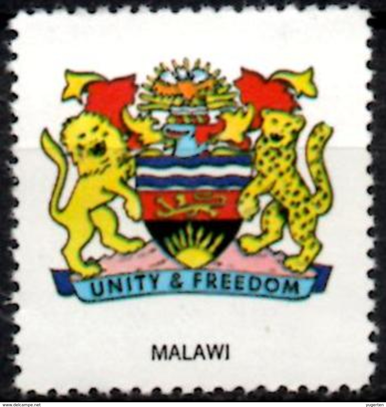 VIgnette Cinderella Seal Label Malawi Coats Of Arms Lion Lions Löwen Löwe Leones Leopard African Fish Eagle Sun - Raubkatzen