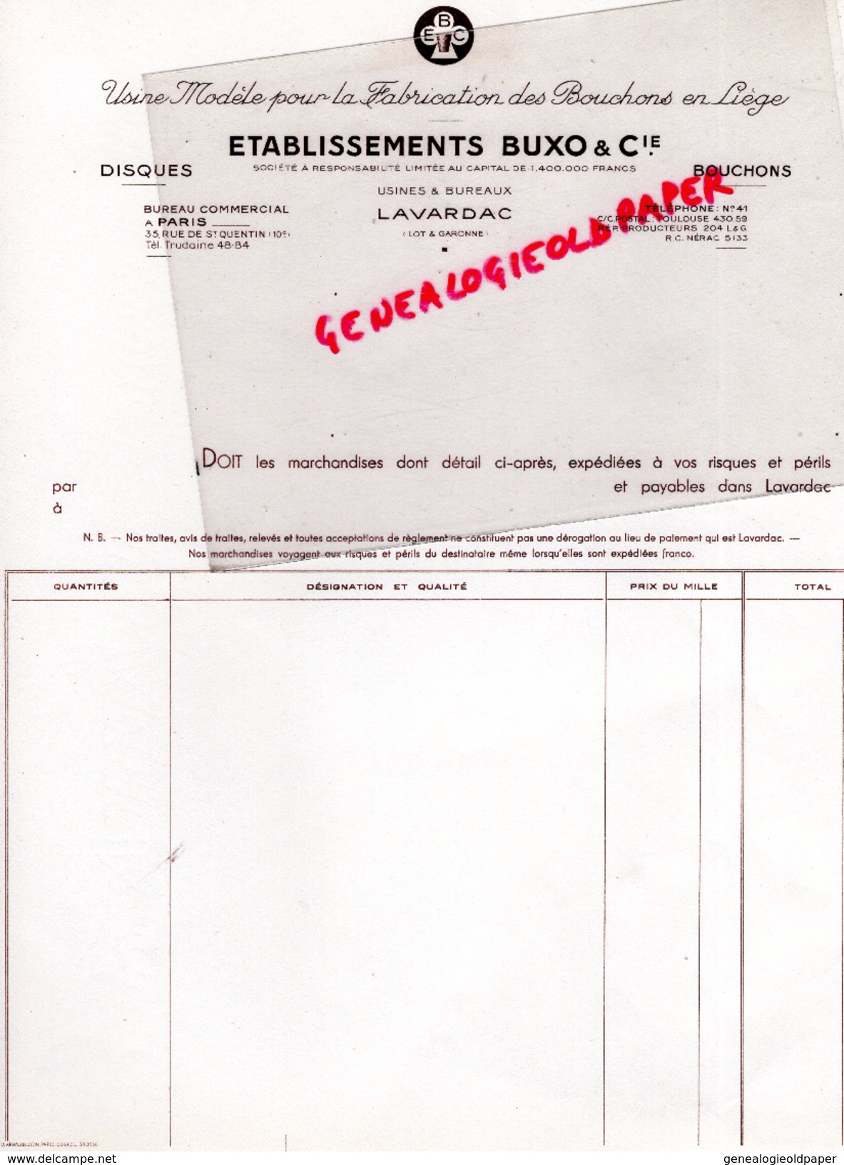 47 - LAVARDAC - FACTURE BUXO - USINE MODELE POUR LA FABRICATION BOUCHONS LIEGE- - Grossformat : 1961-70