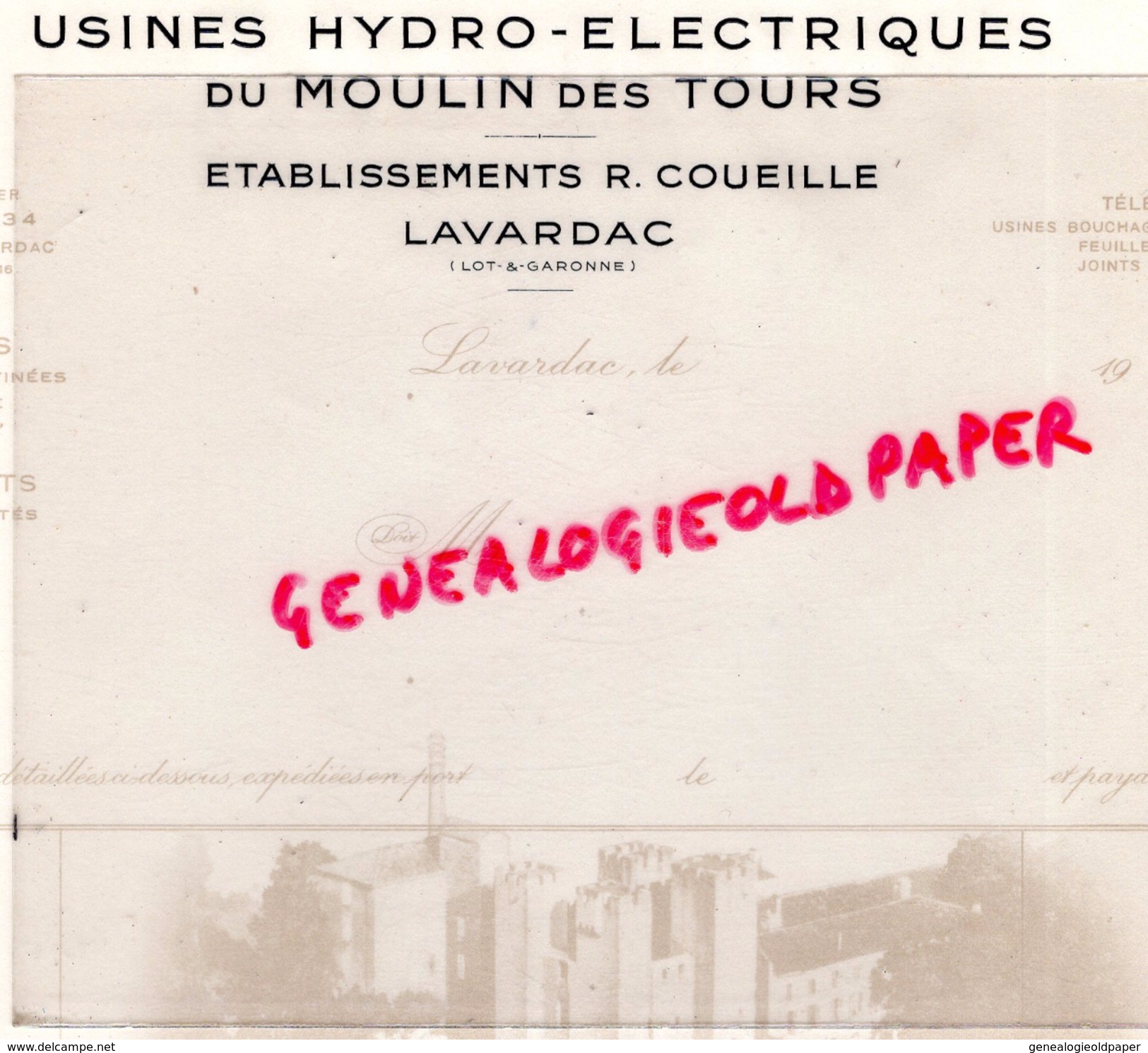 47 - LAVARDAC - FACTURE USINES HYDRO-ELECTRIQUES DU MOULIN DES TOURS- ETS. R. COUEILLE - Grand Format : 1961-70