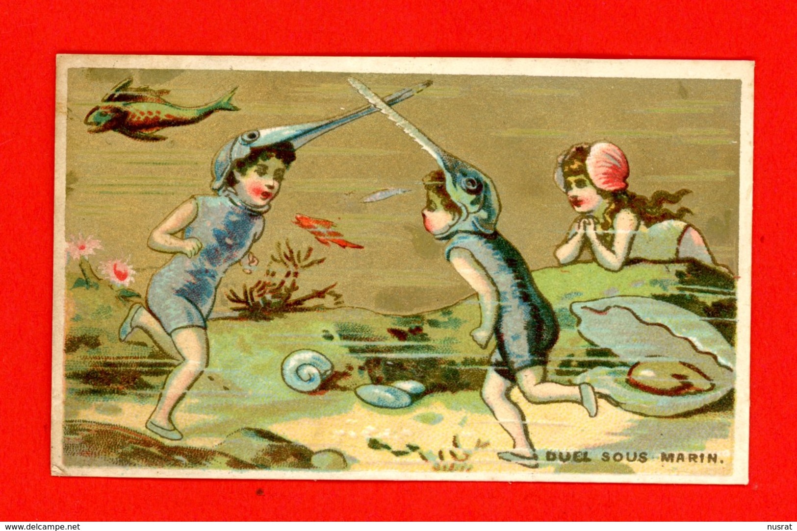 Jolie Chromo Dorée Lith. Courbe Rouzet, Naïades, Coquillages & Poissons, Duel Sous-marin - Autres & Non Classés