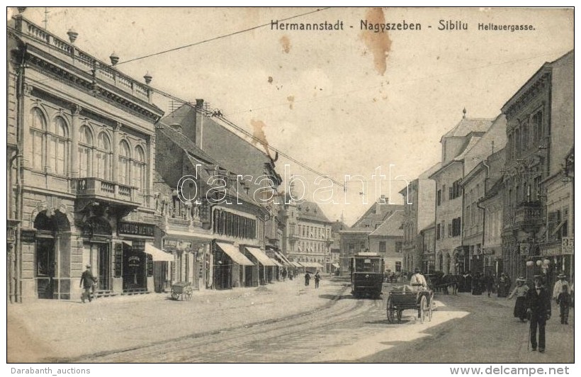 T3 Nagyszeben, Hermannstadt, Sibiu; Heltauergasse, Verlag Georg Meyer / Julius Meinl &uuml;zlet, Villamos / Shop,... - Ohne Zuordnung