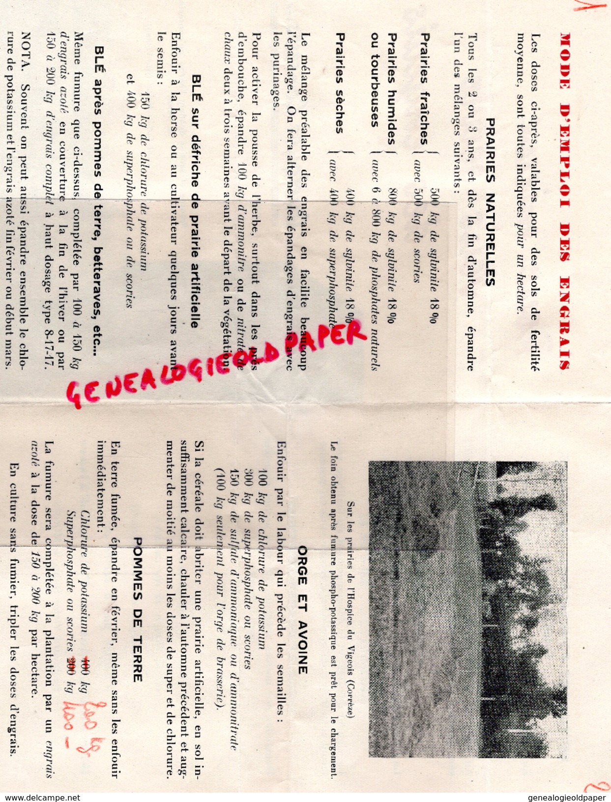 87 -ST SAINT JUST LE MARTEL - PUBLICITE ENGRAIS POTASSE SCORIES -BUREAU ETUDE POTASSES ALSACE -11 BD VICTOR HUGO LIMOGES - 1950 - ...