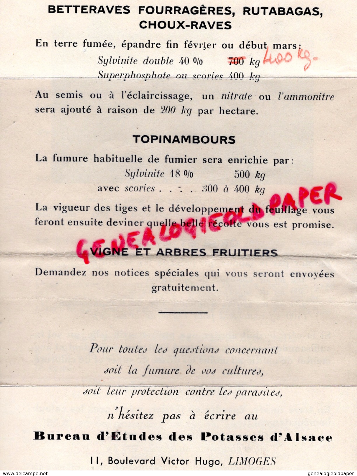 87 -ST SAINT JUST LE MARTEL - PUBLICITE ENGRAIS POTASSE SCORIES -BUREAU ETUDE POTASSES ALSACE -11 BD VICTOR HUGO LIMOGES - 1950 - ...