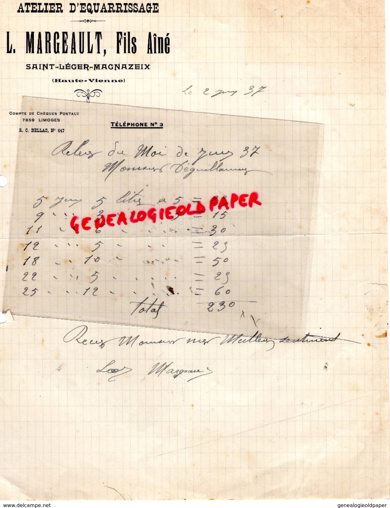 87 - SAINT LEGER MAGNAZEIX - FACTURE L. MARGEAULT FILS AINE- ATELIER EQUARRISSAGE- 1937 - 1900 – 1949