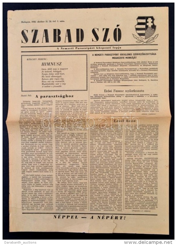 1956 Bp., A Szabad Sz&oacute;, A Nemzeti Parasztp&aacute;rt K&ouml;zponti Lapja 24. &eacute;vfolyam&aacute;nak 1.... - Ohne Zuordnung