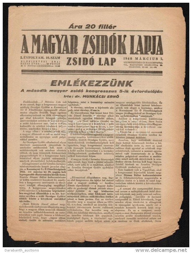 1940 A Magyar Zsid&oacute;k Lapja 2. &eacute;vfolyam&aacute;nak 10. Sz&aacute;ma - Sonstige & Ohne Zuordnung