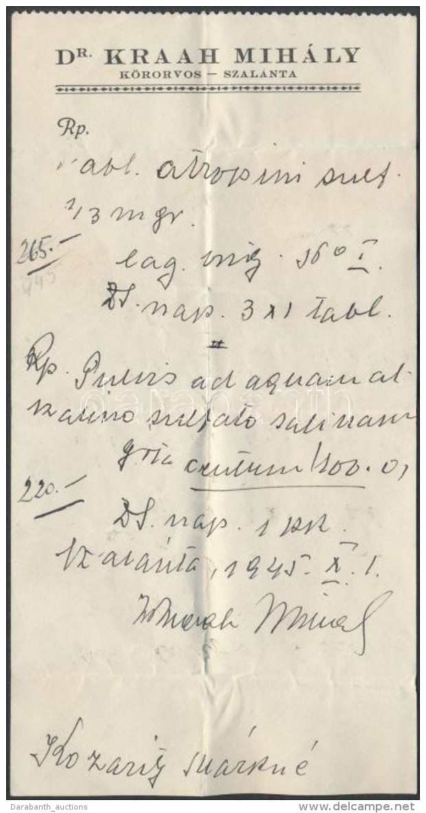1945 Recept, Dr. Kraah Mih&aacute;ly K&ouml;rorvos Szal&aacute;nta, 16x8cm - Ohne Zuordnung