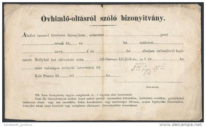 1855 Pest, &Oacute;vhimlÅ‘ Olt&aacute;sr&oacute;l Sz&oacute;l&oacute; Kit&ouml;ltetlen Bizony&iacute;tv&aacute;ny - Unclassified