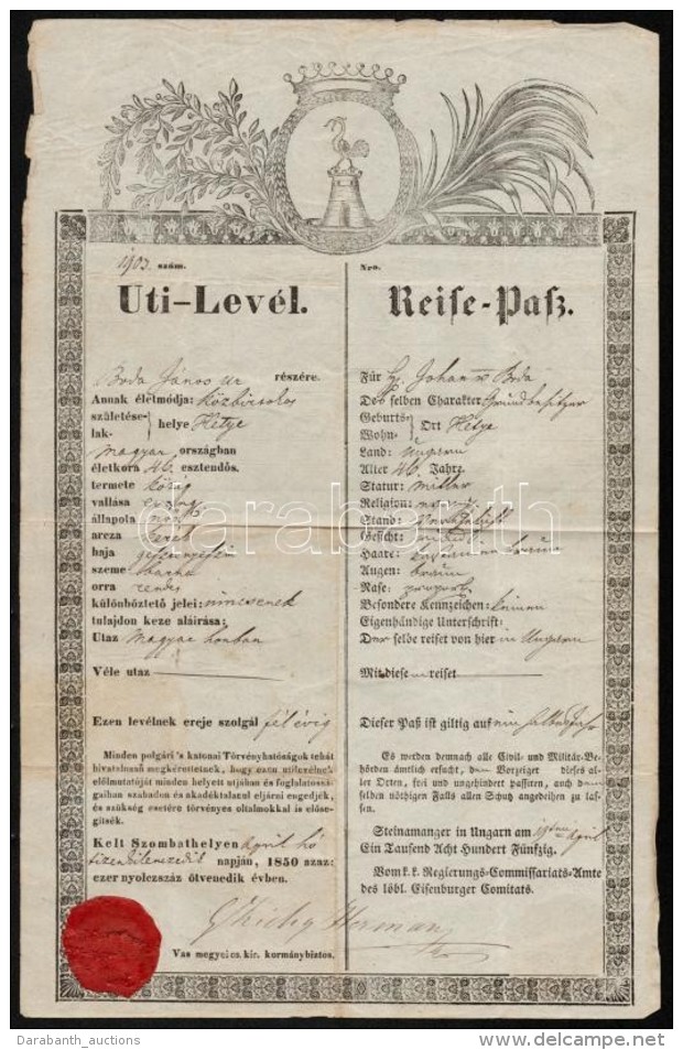 1850 Uti Lev&eacute;l, &Uacute;tlev&eacute;l. K&eacute;tnyelvÅ±, Szombathelyen Ki&aacute;ll&iacute;tva  / Passport - Unclassified