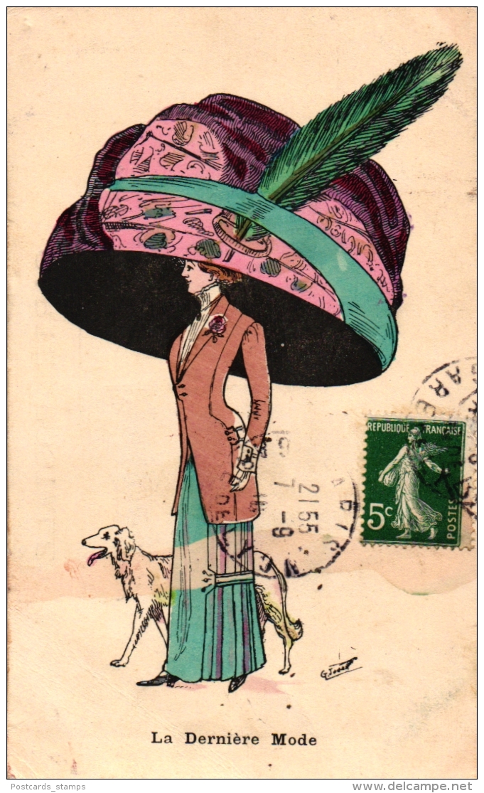 Dame Mit Großem Hut Und Windhund, Sign. G. JOUAN, 1910 - Autres & Non Classés