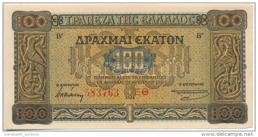 G&ouml;r&ouml;gorsz&aacute;g 1941. 100D T:II
Greece 1941. 100 Drachmai C:XF
Krause 116.a - Ohne Zuordnung