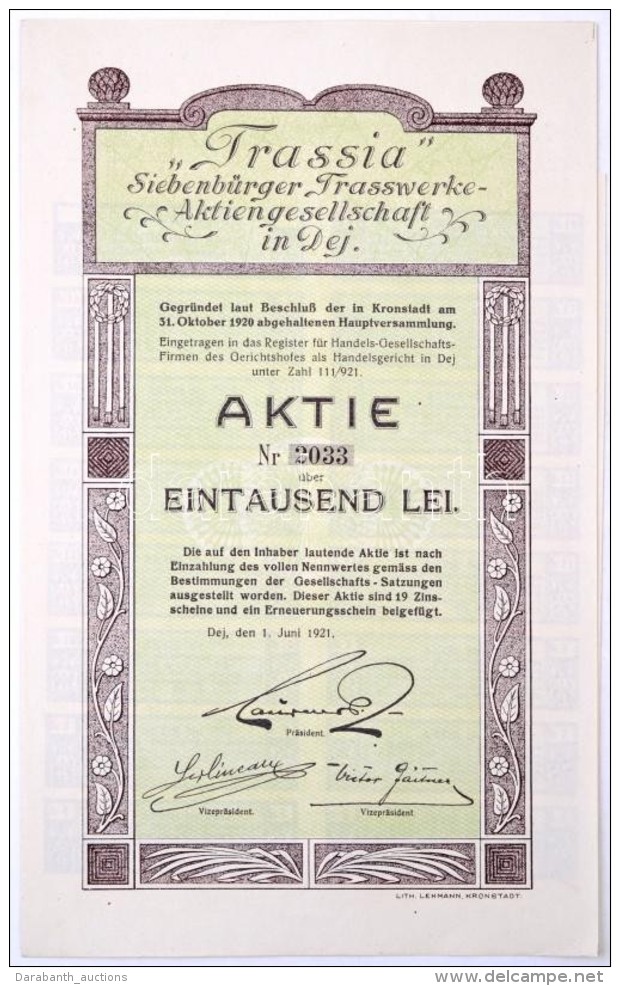 Rom&aacute;nia / D&eacute;s 1921. 'Trassia Siebenb&uuml;rger Trasswerke Aktiengesellschat In Dej ('Trassia'... - Ohne Zuordnung