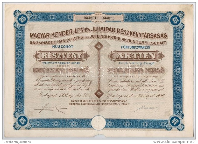 Budapest 1926. 'Magyar Kender-, Len- &eacute;s Jutaipar R&eacute;szv&eacute;nyt&aacute;rsas&aacute;g' Huszon&ouml;t... - Non Classificati