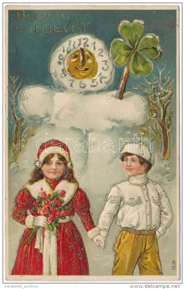 T2 'Boldog &Uacute;j &Eacute;vet!' / New Year's Greeting Card, Snowman, Clover, Couple, Golden Decorated Emb. Litho - Non Classificati