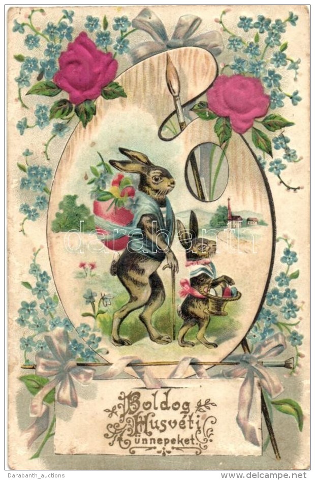 * T2/T3 Boldog H&uacute;sv&eacute;ti &Uuml;nnepeket / Easter Greeting Card, Rabbit Family, Palette, Emb. Litho (EK) - Ohne Zuordnung