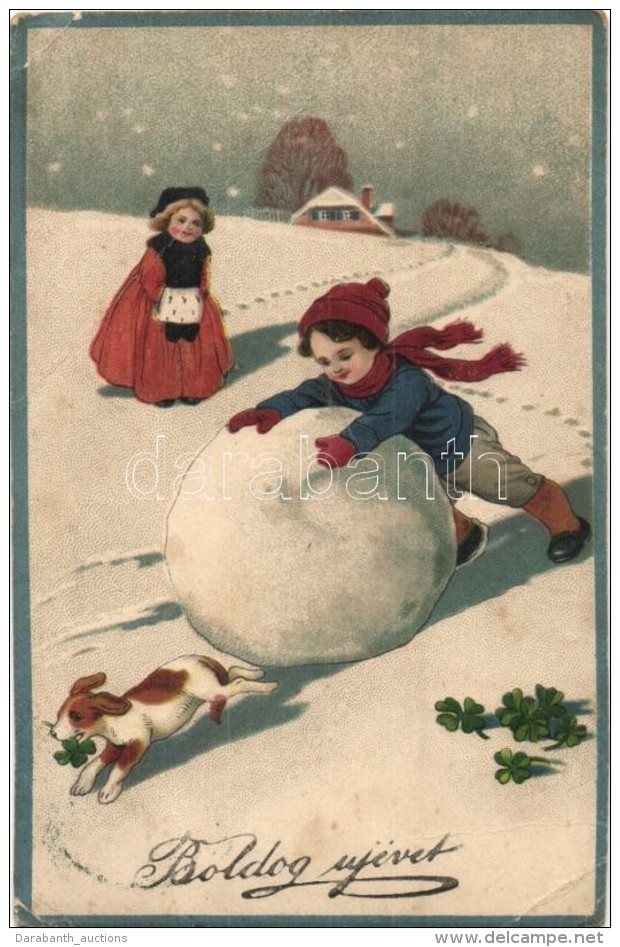 * T3/T4 'Boldog &Uacute;j &Eacute;vet!' / New Year's Greeting Card, Child Playing In The Snow With A Dog, Clovers,... - Ohne Zuordnung