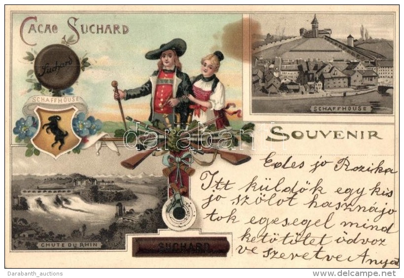 * T2/T3 Cacao Suchard, Schaffhouse, Chute Du Rhin / Suchard Cocoa Advertisemeent Card. Floral, Coat Of Arms, Litho... - Non Classificati