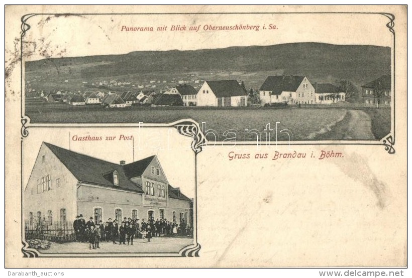 T4 Brandov, Brandau; Oberneusch&ouml;nberg, Gasthaus Zur Post / Guest House, Art Nouveau (Rb) - Ohne Zuordnung