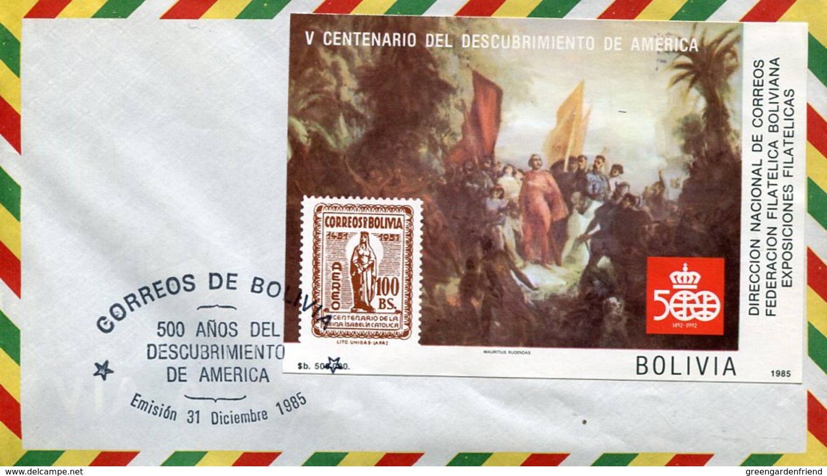 18791 Bolivia , Fdc 1985 S/s Block,  Cristobal Colon,  Cristoforo Colombo,  Columbus  Coulombe, - Christoph Kolumbus