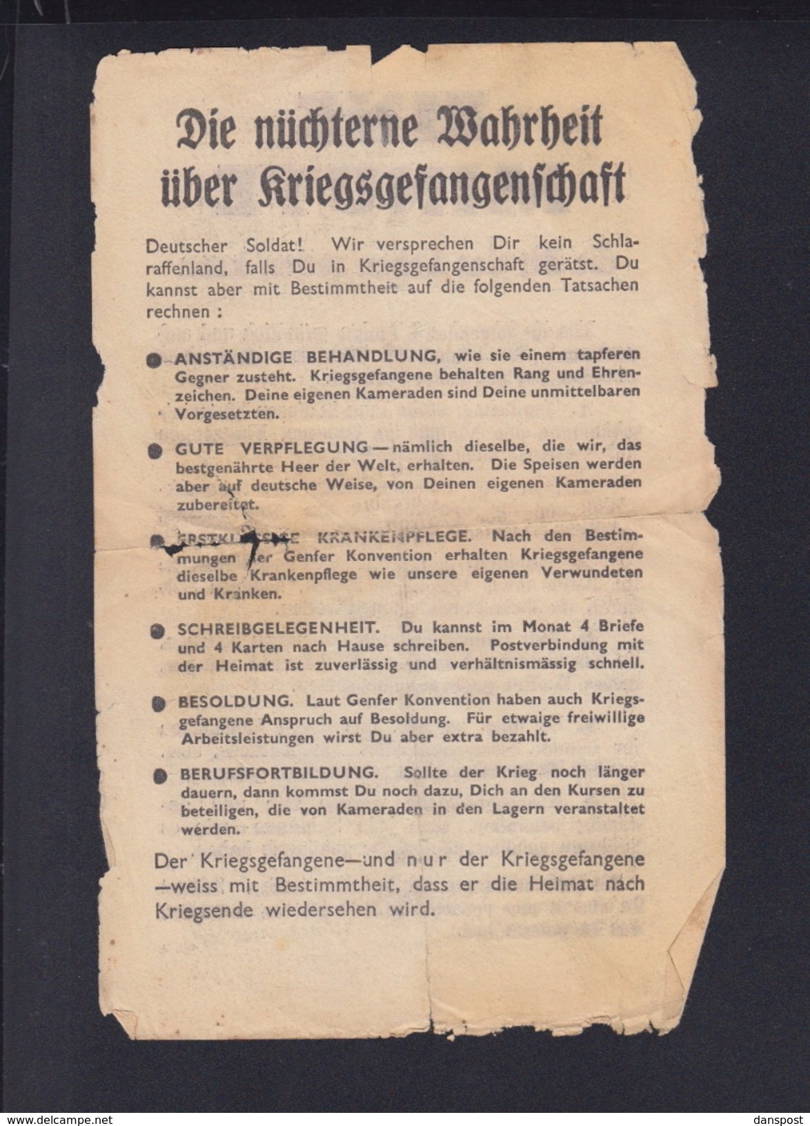 Flugblatt 2. WK Die Nüchterne Wahrheit über Kriegsgefangenschaft - Documenti Storici