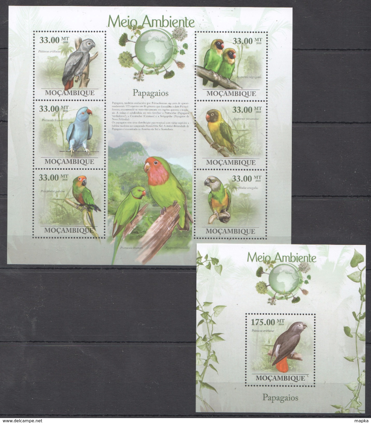 B342 2010 MOCAMBIQUE FAUNA MEIO AMBIENTE BIRDS PARROTS PAPAGAIOS 1KB+1BL MNH - Papageien