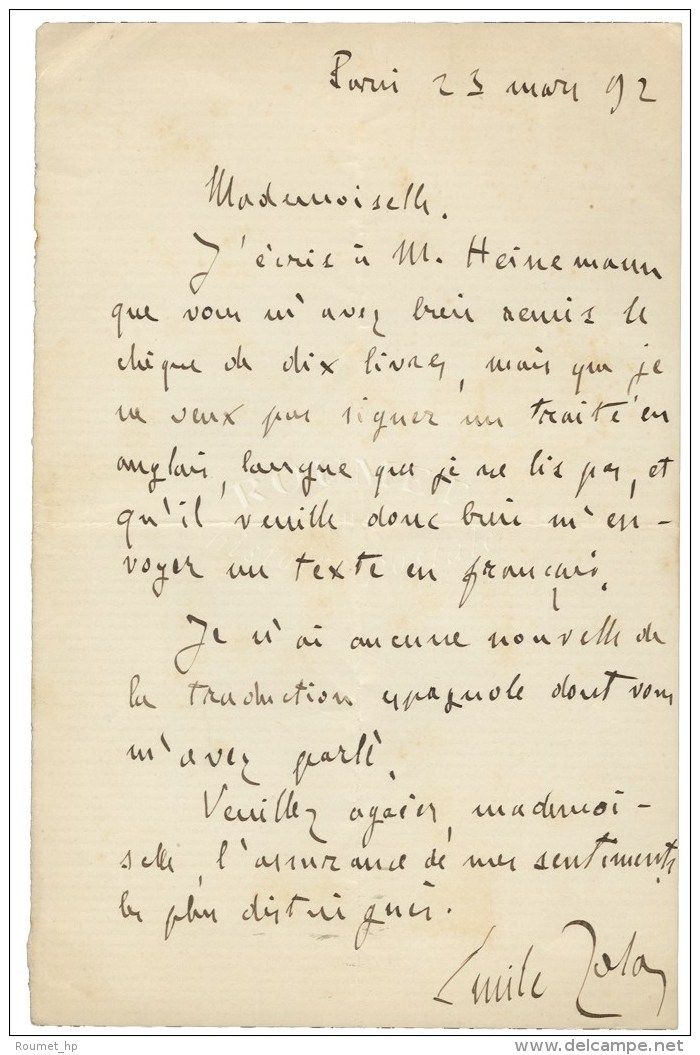 ZOLA &Eacute;mile (1840-1902), &eacute;crivain. - Autres & Non Classés