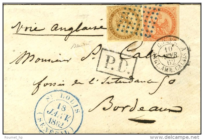 Losange Bleu / Col. Gen. N&deg; 3 + 5 C&agrave;d Bleu ST LOUIS / (SENEGAL) Sur Lettre Pour Bordeaux. 1862. - SUP. -... - Autres & Non Classés