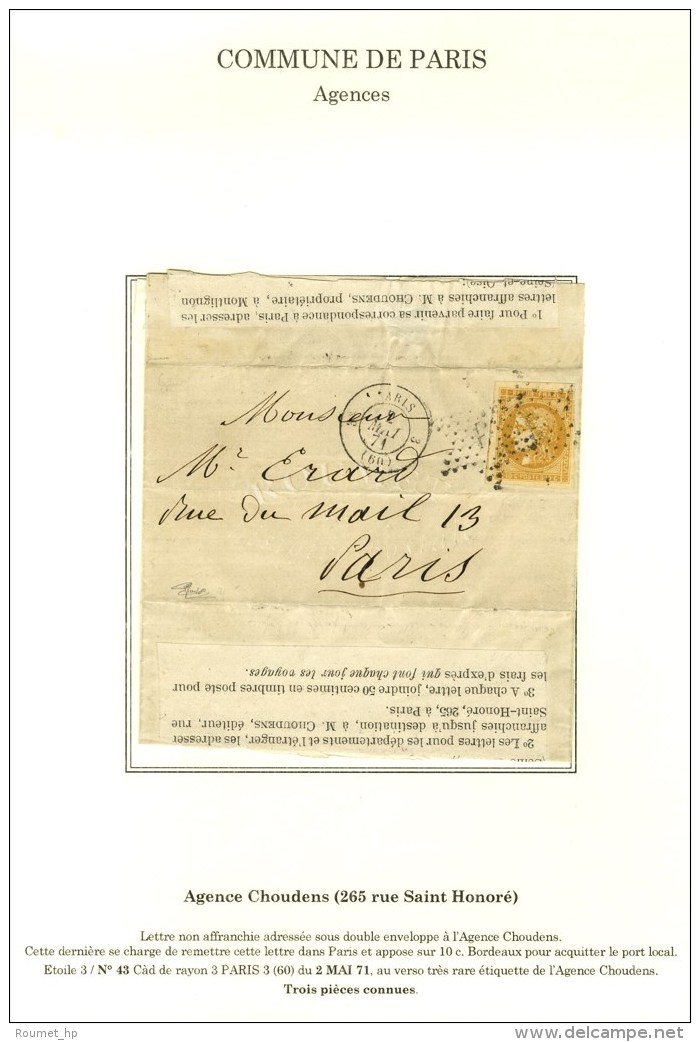 Lettre Non Affranchie Adress&eacute;e Sous Double Enveloppe &agrave; L'agence Choudens. Cette Derni&egrave;re Se... - War 1870