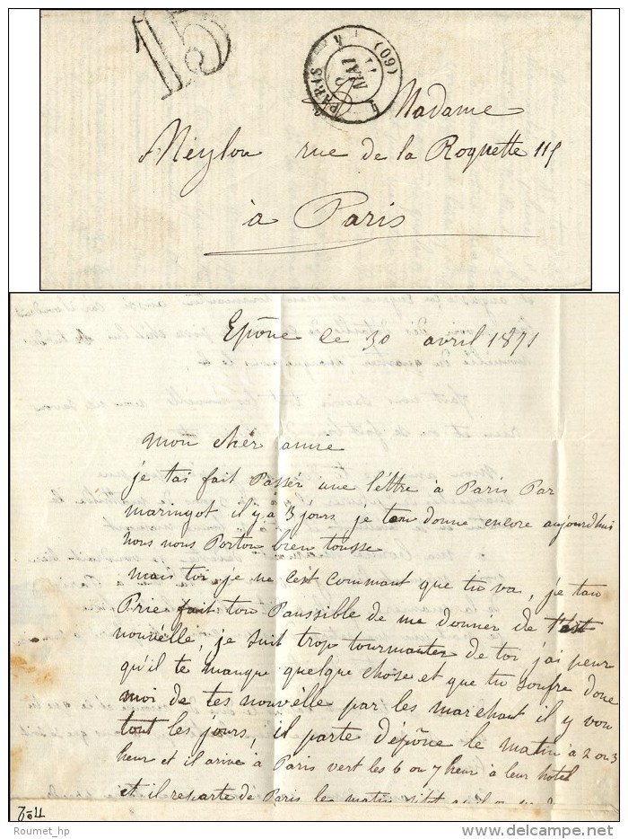 Lettre Avec Texte Dat&eacute; D'Epone Le 30 Avril 1871 Achemin&eacute;e Jusqu'&agrave; Paris Par Un Passeur... - Guerre De 1870