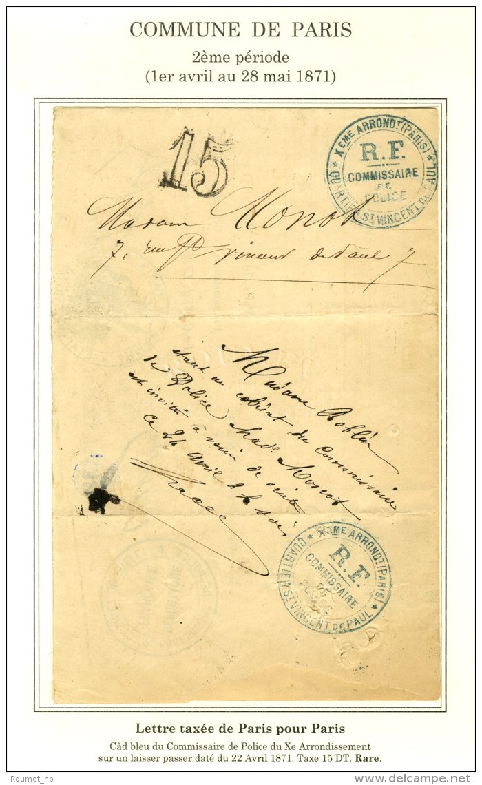 Cachet Administratif Bleu Xeme ARRONDt (PARIS) / RF / COMMISSAIRE / DE / POLICE / QUARTIER ST VINCENT DE PAUL. Taxe... - Guerre De 1870