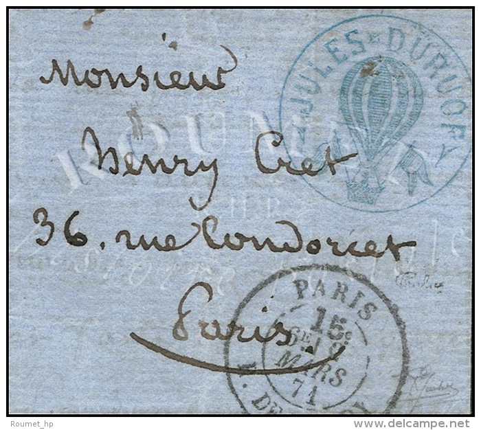 Cachet Bleu De L'A&eacute;ronaute Jules Duruof Sur Lettre Avec Texte Dat&eacute; De Tours Le 5 Nov. 1870 En Vue... - Krieg 1870