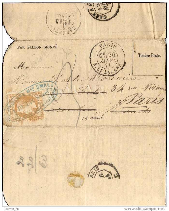 C&agrave;d PARIS R. ST LAZARE 26 JANV. 1871 (timbre D&eacute;coll&eacute; Par Immersion) Sur Gazette Des Absents... - Guerre De 1870