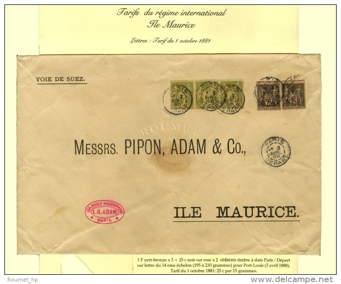 C&agrave;d PARIS / DEPART / N&deg; 82 (3) + 97 (2) Sur Lettre Du 14e &eacute;chelon Pour Port Louis. 1888. - TB. -... - Autres & Non Classés