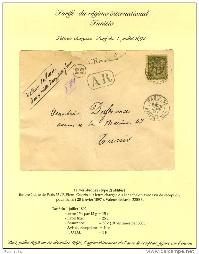 C&agrave;d PARIS 53 / R. PIERRE GUERIN Sur Lettre Charg&eacute;e Avec Avis De R&eacute;ception Pour Tunis. 1897. -... - Other & Unclassified