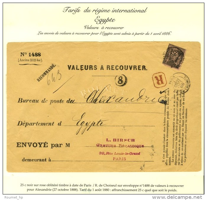 C&agrave;d PARIS / R. DE CHOISEUL / N&deg; 97 (infime Def) Sur Valeurs &agrave; Recouvrer Pour Alexandrie. 1888. -... - Other & Unclassified