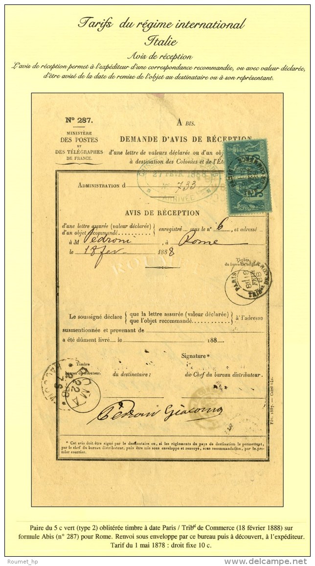 C&agrave;d PARIS / TRIBal DE COMMERCE / N&deg; 75 Paire Sur Avis De R&eacute;ception Pour Rome. 1888. - TB / SUP. - Other & Unclassified