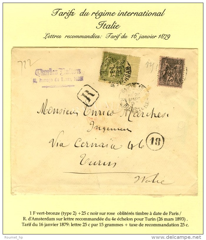 C&agrave;d PARIS 13 / R. D'AMSTERDAM / N&deg; 82 + 97 Sur Lettre Recommand&eacute;e 4 Ports Pour Turin. 1893. - TB. - Autres & Non Classés