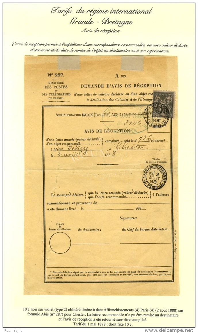 (4) AFFRANCHISSEMENT (4) / PARIS / N&deg; 89 Sur Avis De R&eacute;ception Pour La Grande Bretagne. 1888. - TB. - Sonstige & Ohne Zuordnung