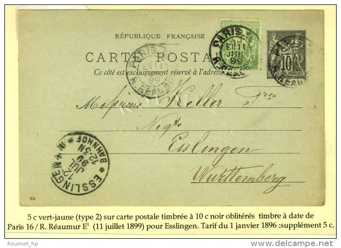 C&agrave;d De Lev. Exp. PARIS 16 / R. REAUMUR E1 Sur Entier 10c + N&deg; 102 Pour Esslingen (W&uuml;rtenberg).... - Autres & Non Classés