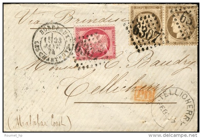 GC 6307 / N&deg; 56 (2) + 57 C&agrave;d BORDEAUX / LES CHARTRONS Sur Lettre Pour Tellicherry (Inde) Par La Voie De... - 1871-1875 Cérès