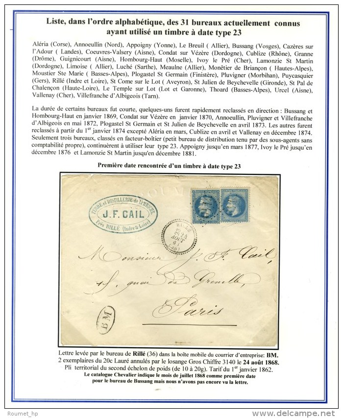 GC 3140 / N&deg; 29 (2) C&agrave;d T 23 RILLE (36) 24 AOUT 68 (dateur Modifi&eacute;) + BM. 1&egrave;re Date Vue Du... - 1863-1870 Napoléon III. Laure